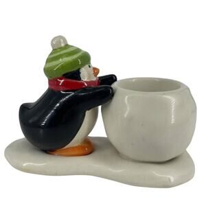 HALLMARK Penguin Tealight Candle Holder Snowball Holiday Winter Ceramic Decor